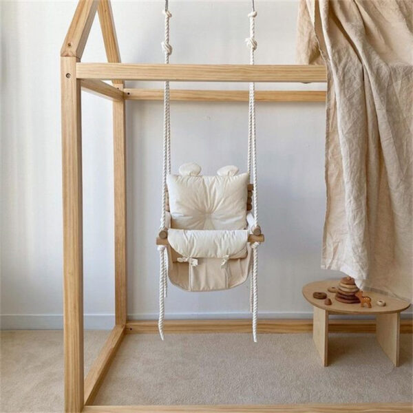 Korean Style Baby Cotton and Linen Swing Chair Hanging Wood Children Kindergarten Toy Outside Swing Chair Toy Rocker For Kids - Image 2