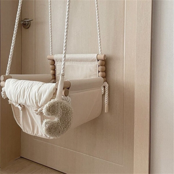 Korean Style Baby Cotton and Linen Swing Chair Hanging Wood Children Kindergarten Toy Outside Swing Chair Toy Rocker For Kids - Image 3