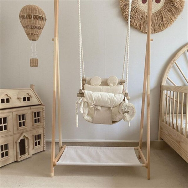 Korean Style Baby Cotton and Linen Swing Chair Hanging Wood Children Kindergarten Toy Outside Swing Chair Toy Rocker For Kids - Image 4