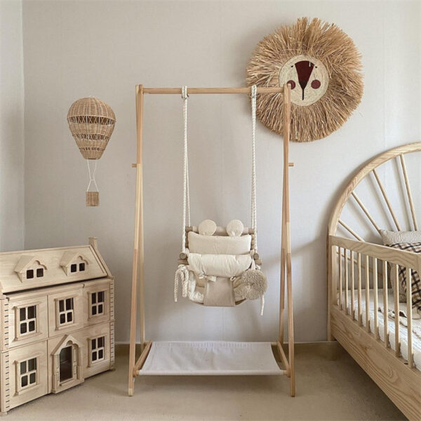 Korean Style Baby Cotton and Linen Swing Chair Hanging Wood Children Kindergarten Toy Outside Swing Chair Toy Rocker For Kids - Image 6