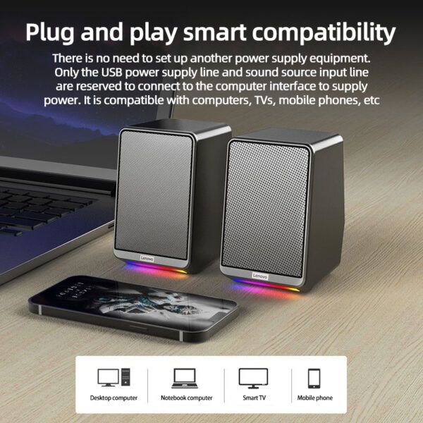 Lenovo Portable Wireless Rgb Light Bluetooth Desktop Speaker Subwoofer Blootooth Usb Hifi Bass Sound Mini Box Blutooth Speakers - Image 2