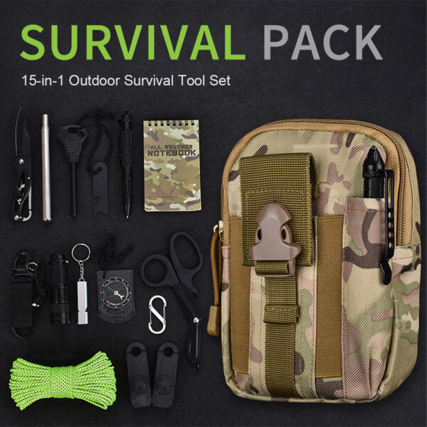 Outdoor Survival Set Fishing Backpacking Travel Waist Bag Aid Emergency Tools Tent Rope Portable Flashlight Clamps Gear - Image 2