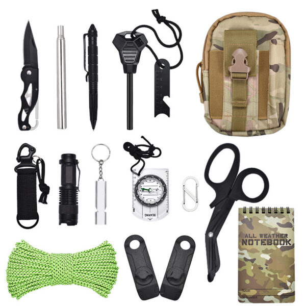 Outdoor Survival Set Fishing Backpacking Travel Waist Bag Aid Emergency Tools Tent Rope Portable Flashlight Clamps Gear